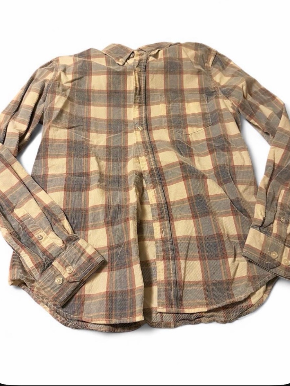Men's Corduroy Beige Plaid Button-Down Shirt